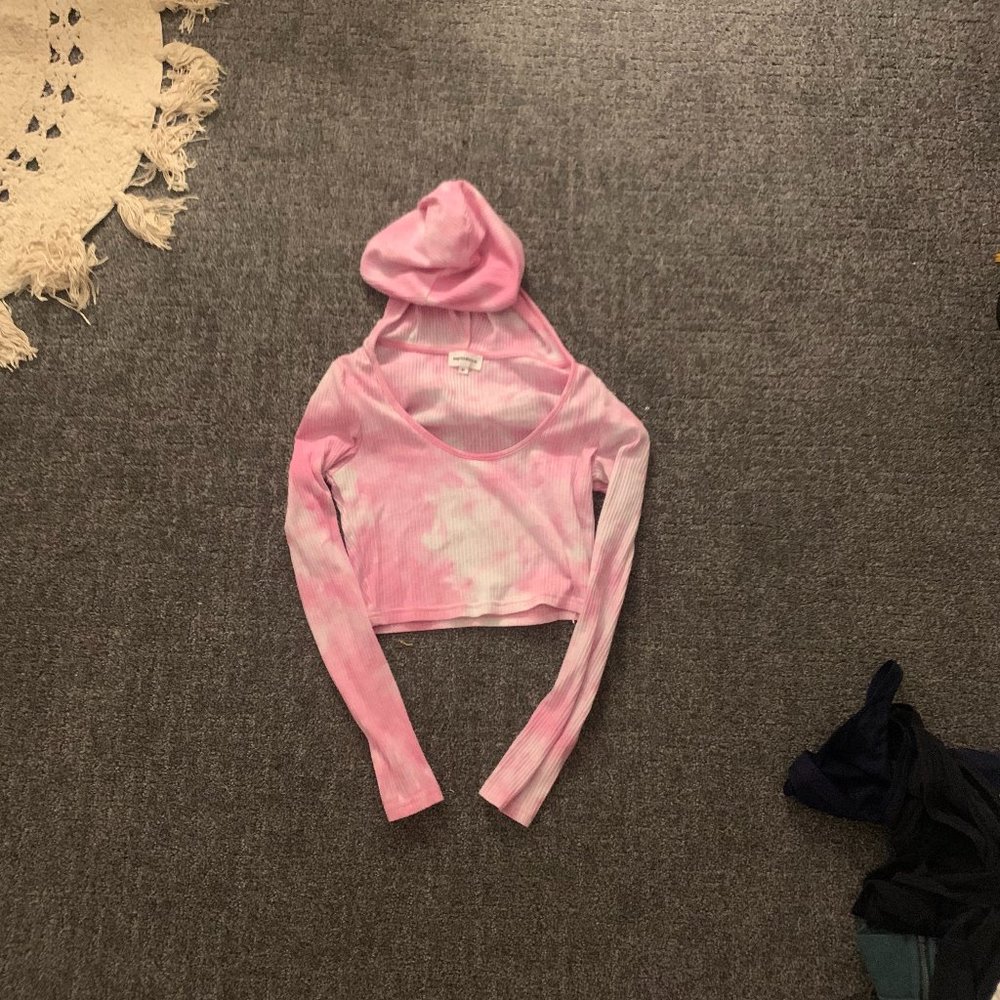 Pink Tie dye super down long sleeve crop top with hood/ medium